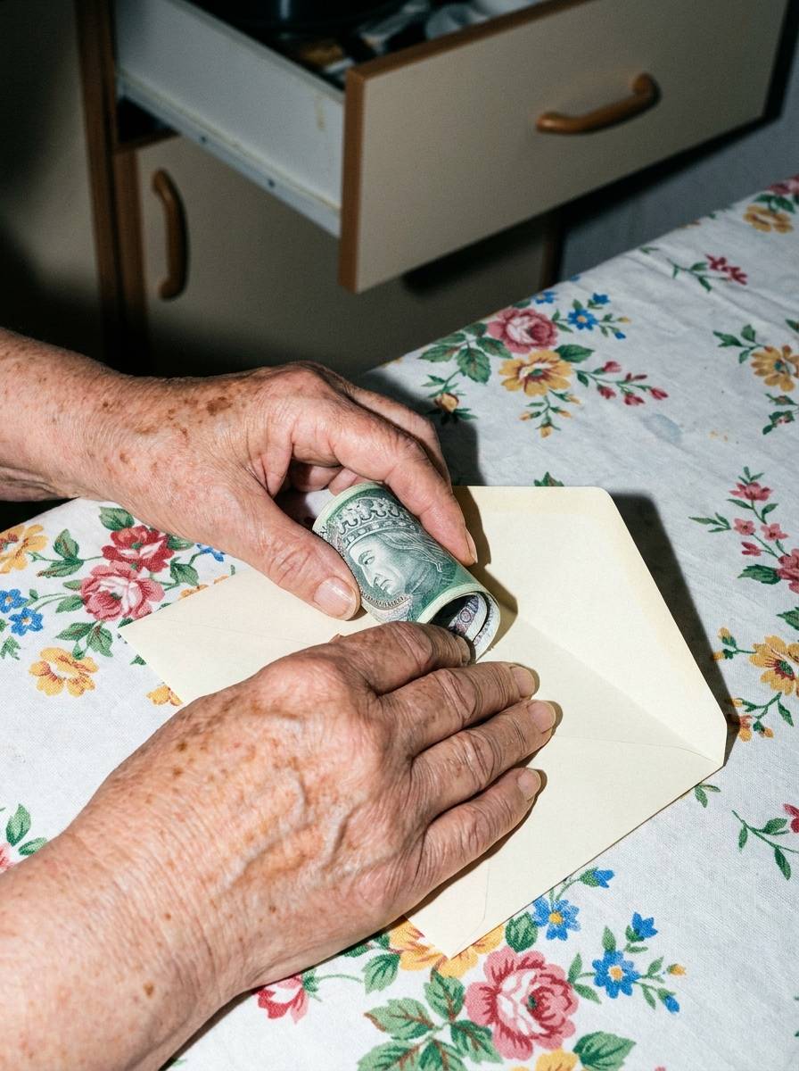 Dłonie wsuwające pieniądze do koperty jako prezent na roczek od babci