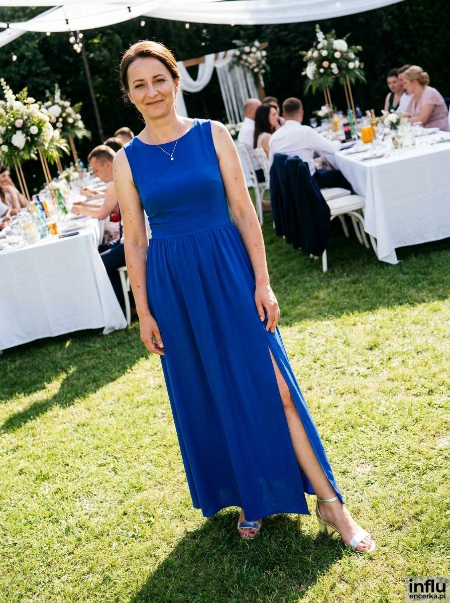Chabrowa sukienka maxi i srebrne sandały na wysokim obcasie w plenerowej scenerii wesela