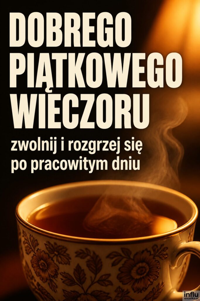 Parująca filiżanka herbaty w ciepłym świetle lampy z napisem „DOBREGO PIĄTKOWEGO WIECZORU”.