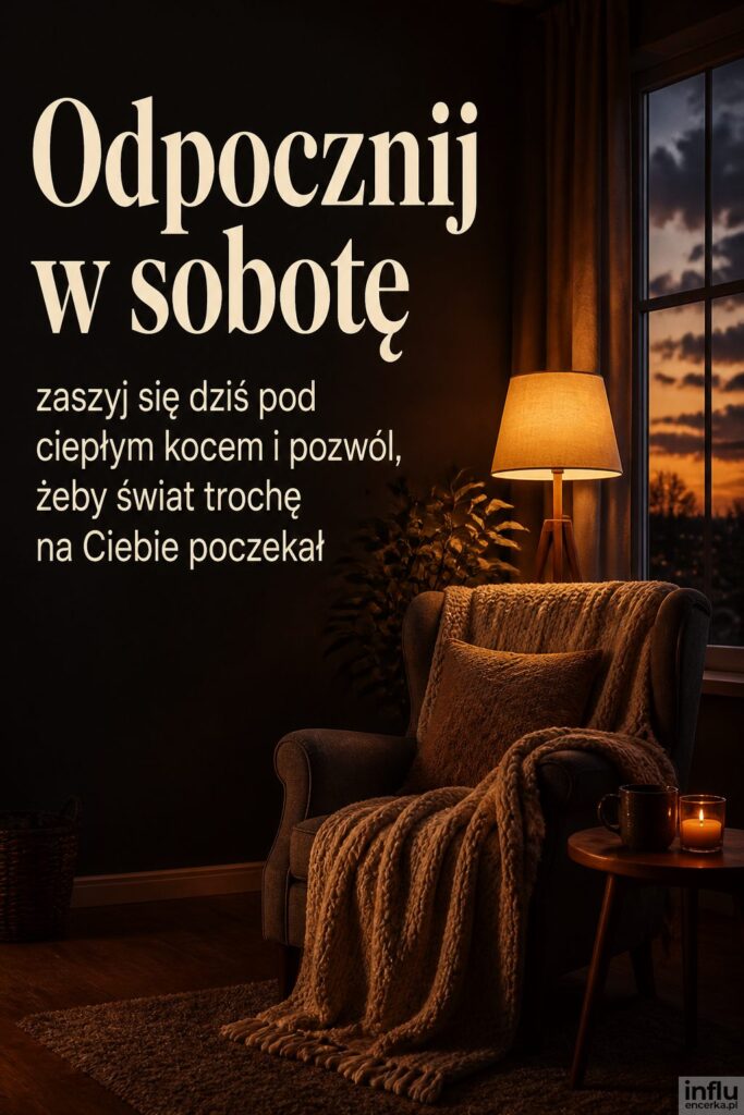 Przytulne wnętrze z kocem przy oknie i napisem „Odpocznij w sobotę” w kremowym kolorze.