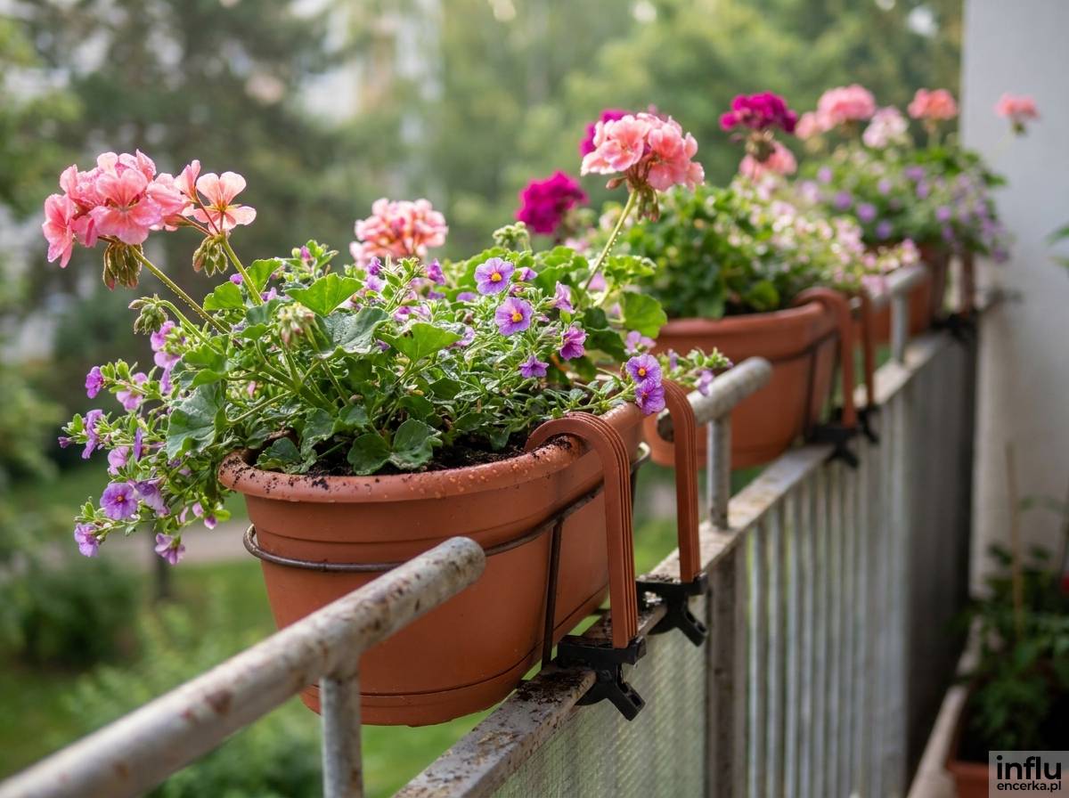 Donice wiszące z pelargonią i bakopą na balustradzie tarasu w bloku