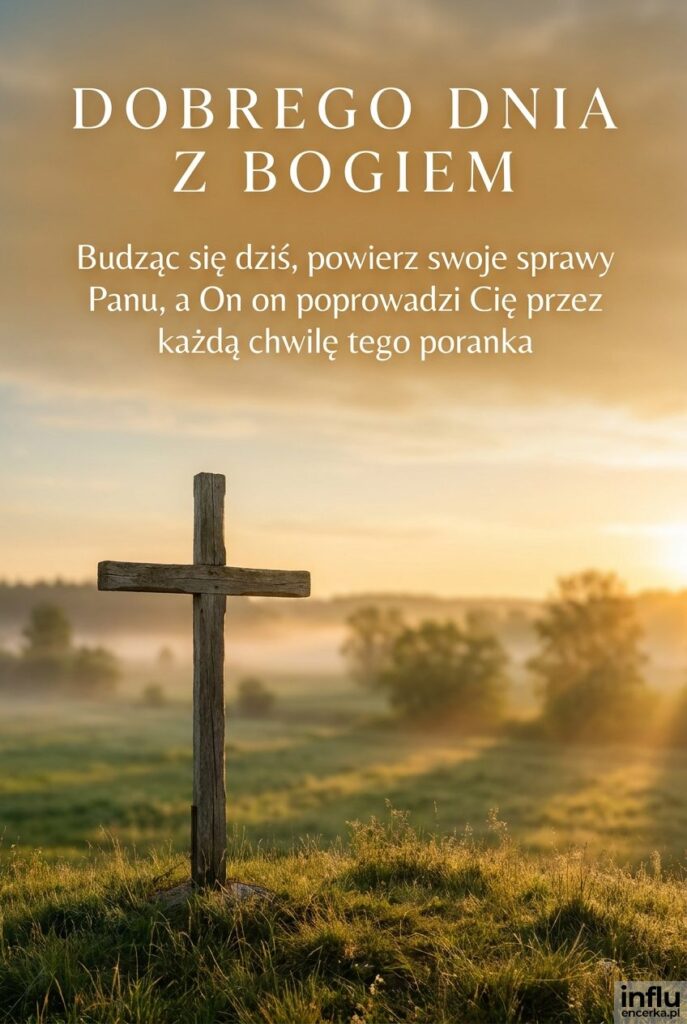 Drewniany krzyż na wzgórzu o poranku z napisem „Dobrego dnia z Bogiem” na złotym niebie.