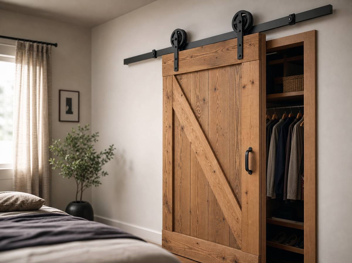 Drzwi barn door na metalowej szynie nad wnęką szafy