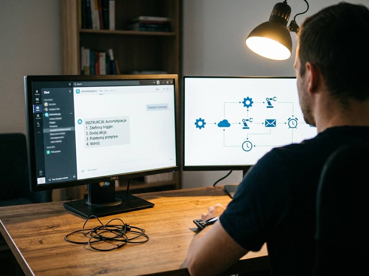 Praca przy komputerze z narzędziami AI i automatyzacją zadań biznesowych
