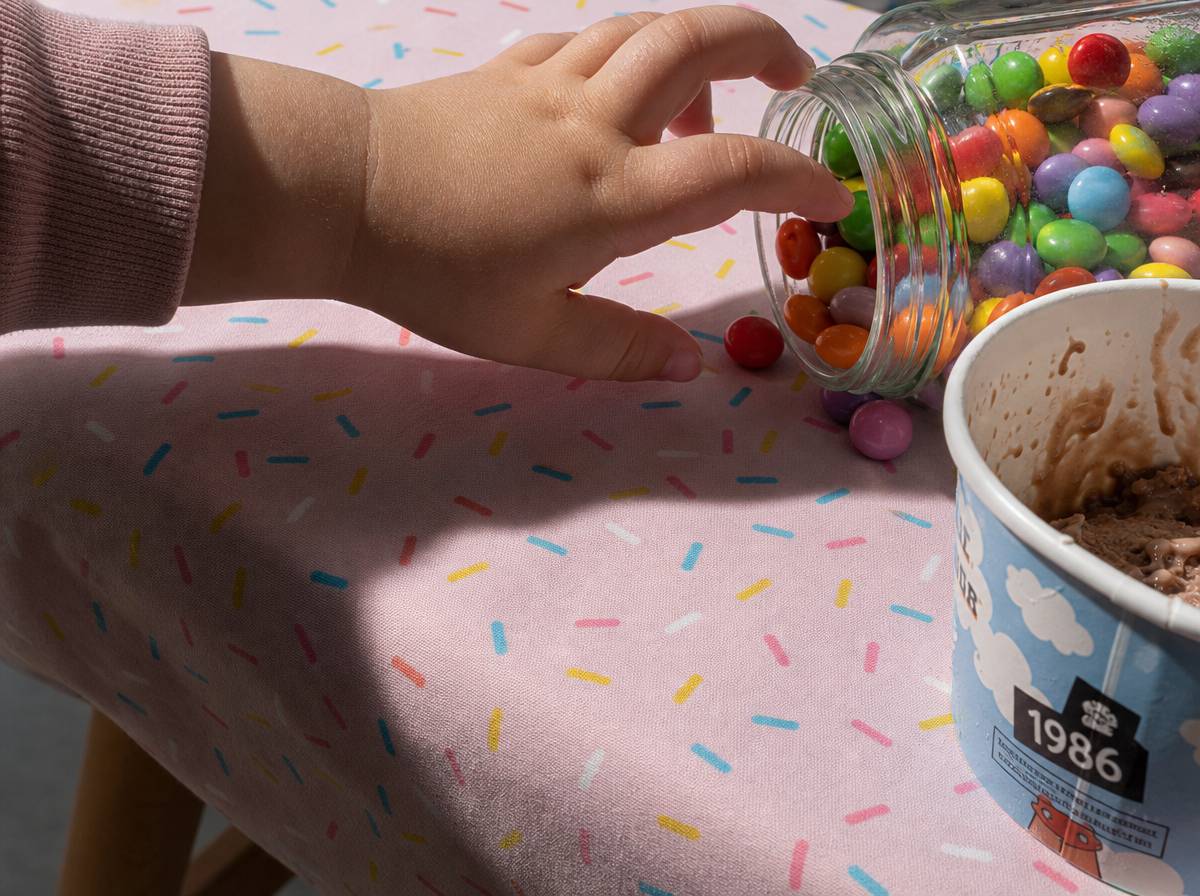 Dziecko sięga po cukierek przy słodkim stole na weselu