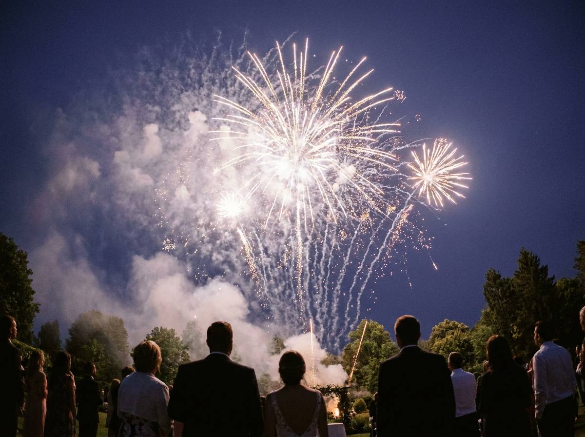 Pokaz fajerwerków na nocnym niebie jako niespodzianka na zakończenie wesela