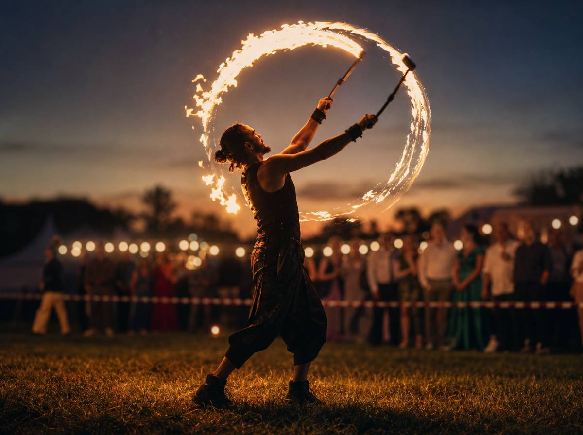 Pokaz fire show na trawniku podczas wesela o zmierzchu