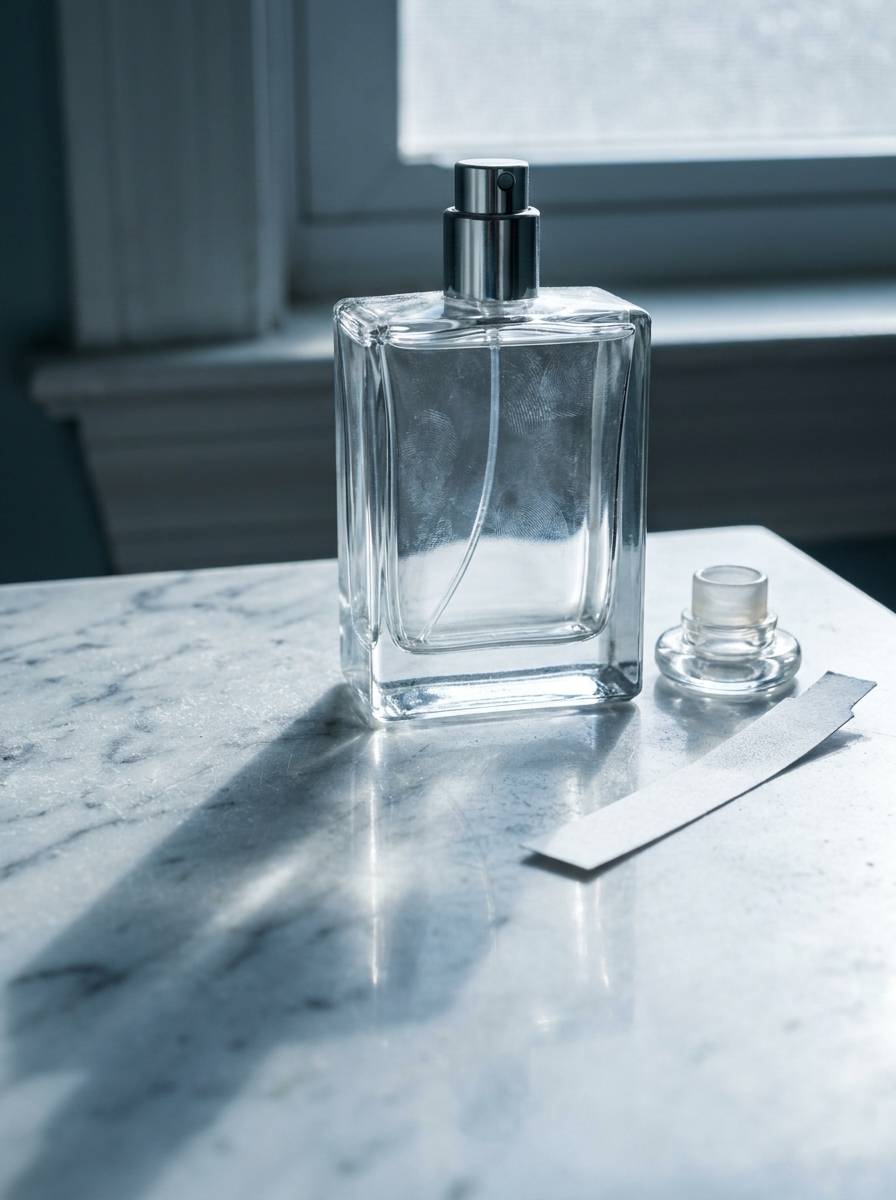 Flakon perfum bez etykiety na marmurowym blacie jako pomysł na prezent urodzinowy