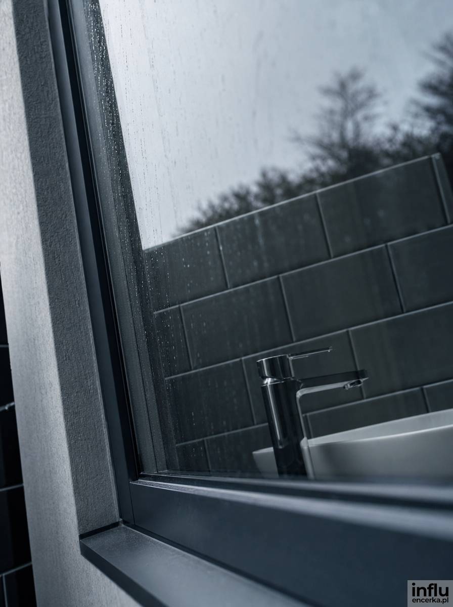 Okno z folią lustrzaną odbijającą wnętrze łazienki w ciągu dnia