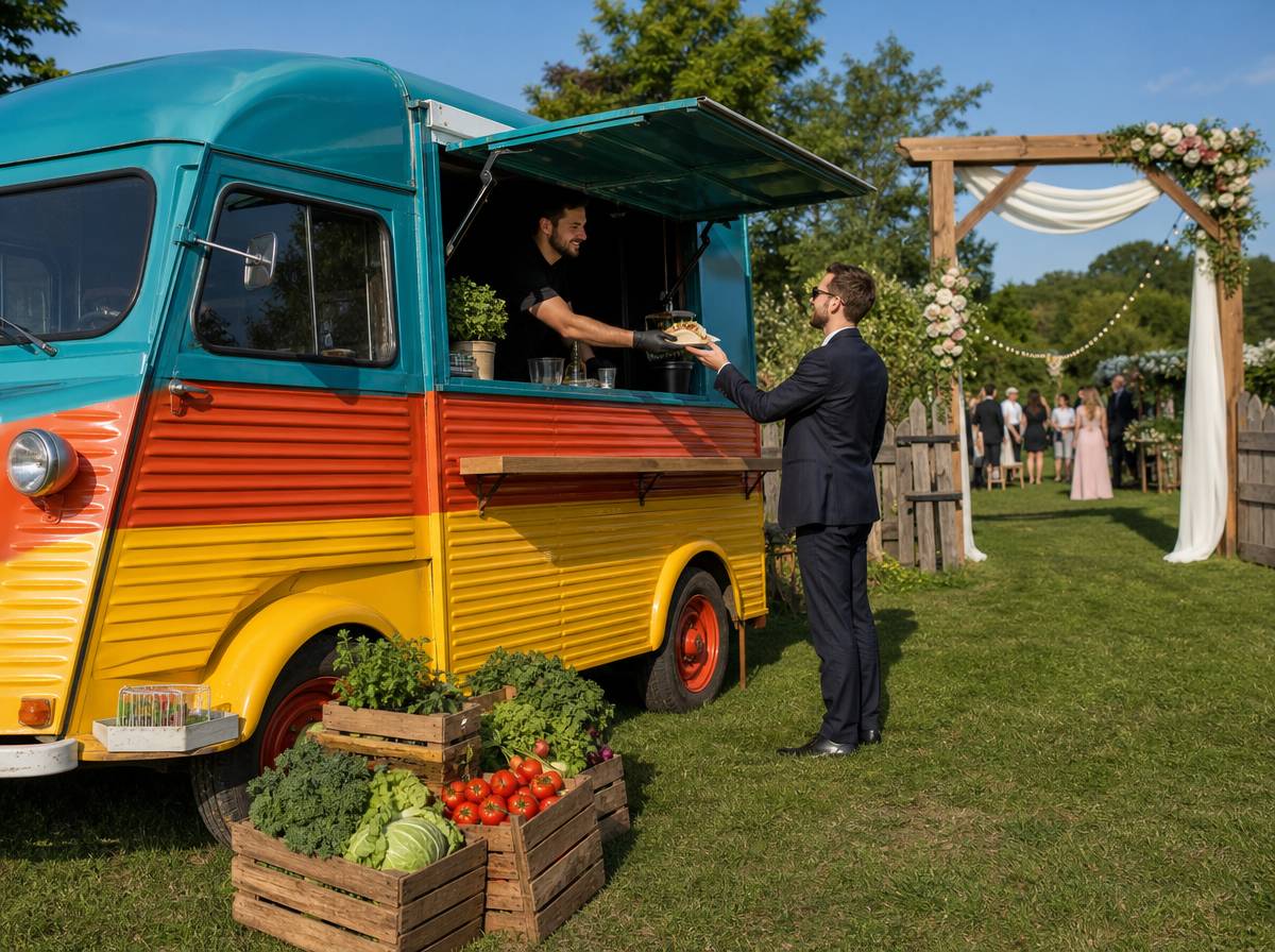 Food truck serwujący jedzenie podczas wesela w plenerze