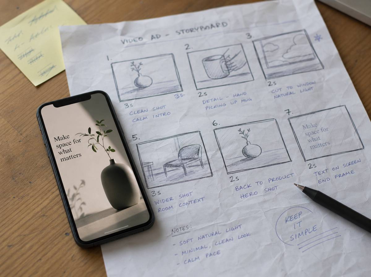 Storyboard reklamy i telefon z pionowym formatem wideo do kampanii w social media