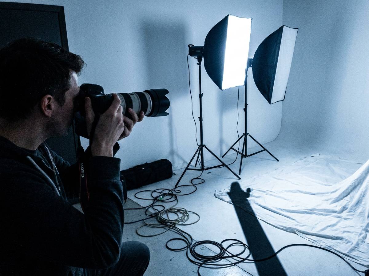 Fotograf przygotowuje oświetlenie do sesji zdjęciowej na zlecenie
