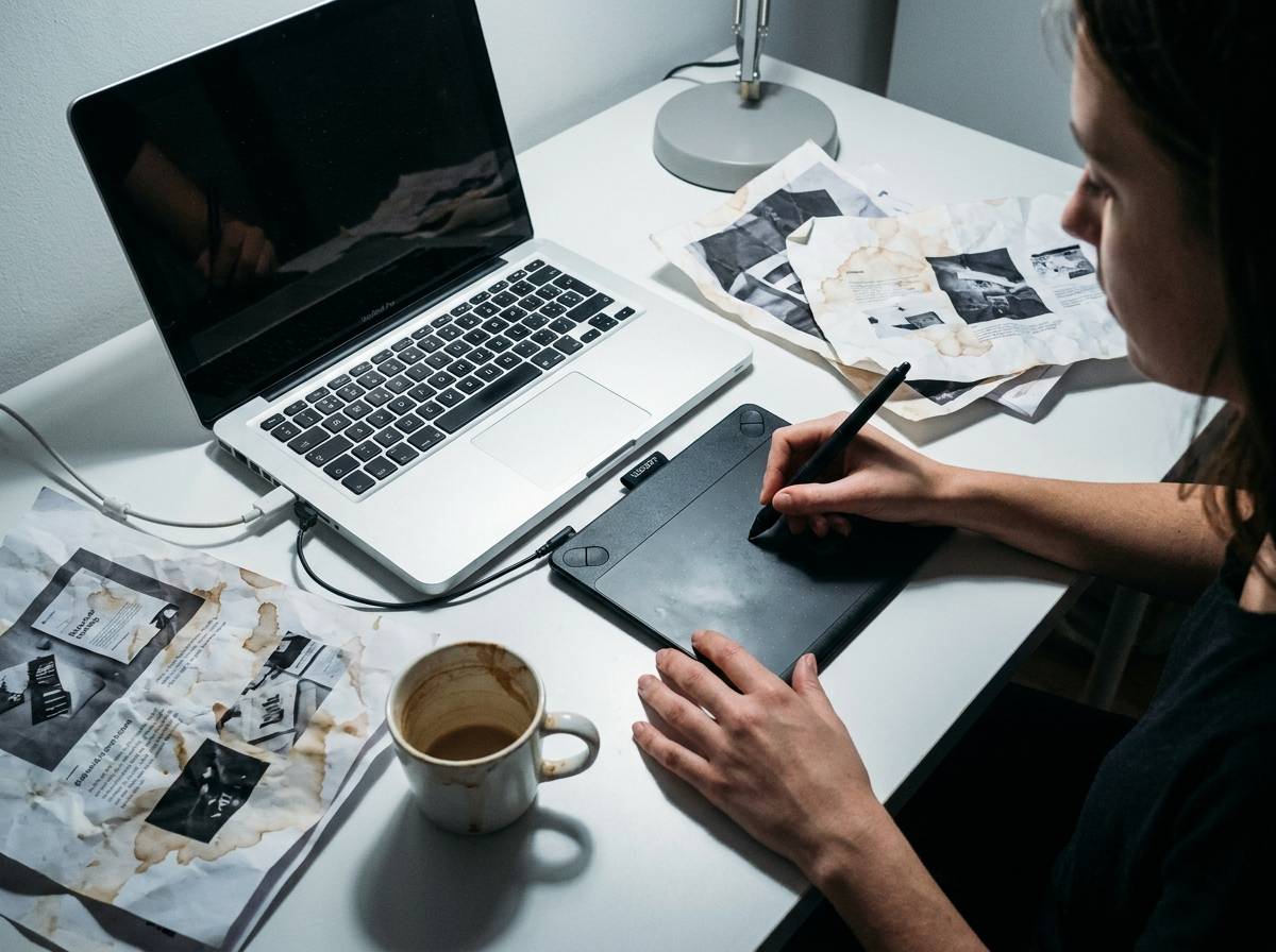 Freelancerka projektuje grafikę na tablecie wśród wydruków portfolio