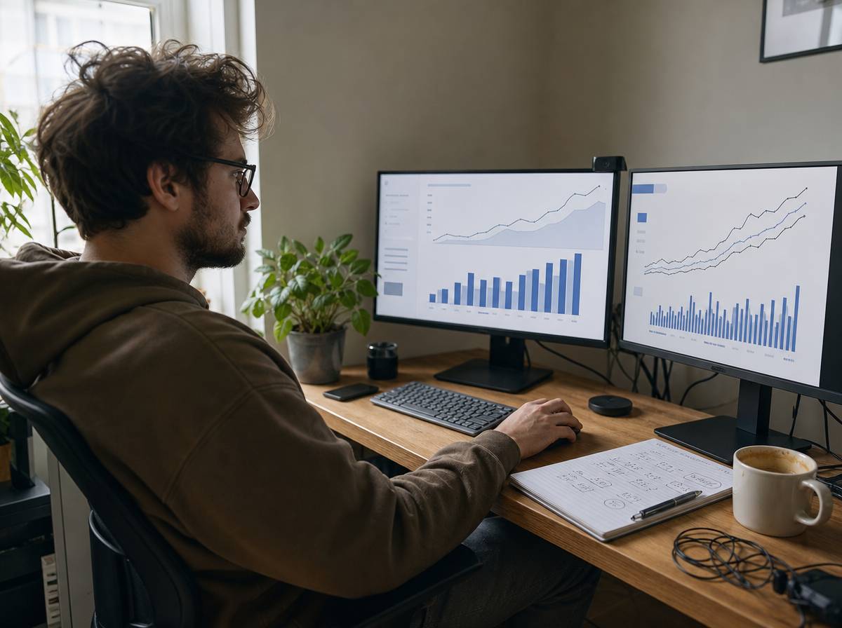 Freelancer pracujący przy dwóch monitorach z wykresami zasięgów w social media