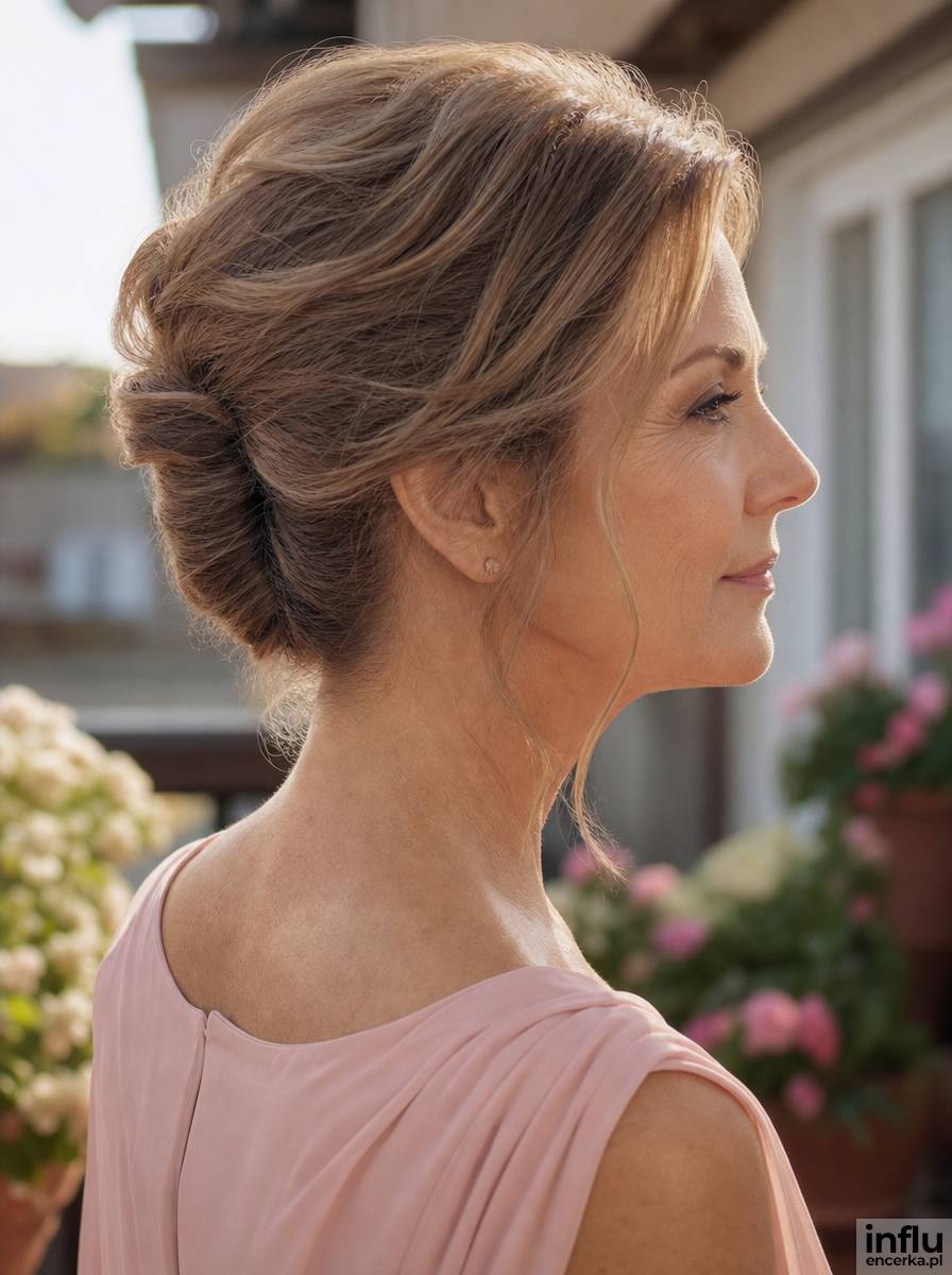 French twist z luźnymi pasmami przy skroniach - elegancka fryzura weselna