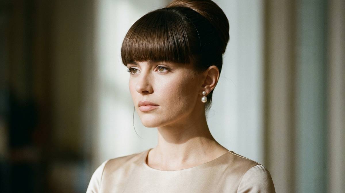 Fryzura na wesele z prostą grzywką i eleganckim upięciem