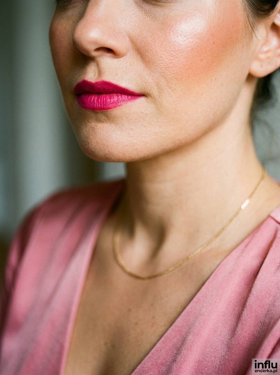 Wyrazista fuksjowa szminka i róż do jedwabistej różowej sukienki