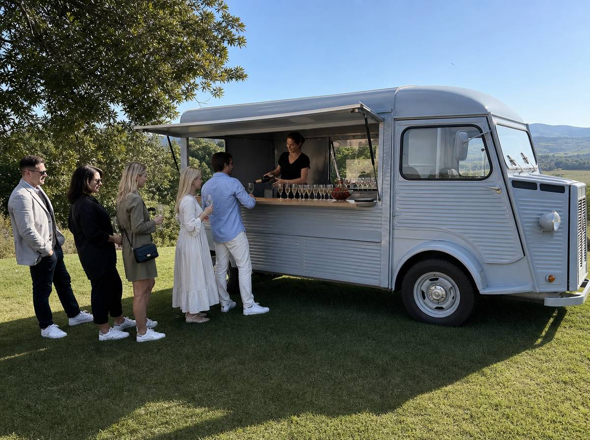 Prosecco van serwujący wino musujące na weselu w plenerze