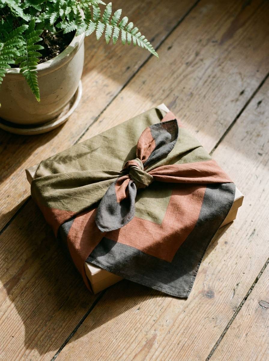 Prezent owinięty techniką furoshiki w bawełnianą chustę