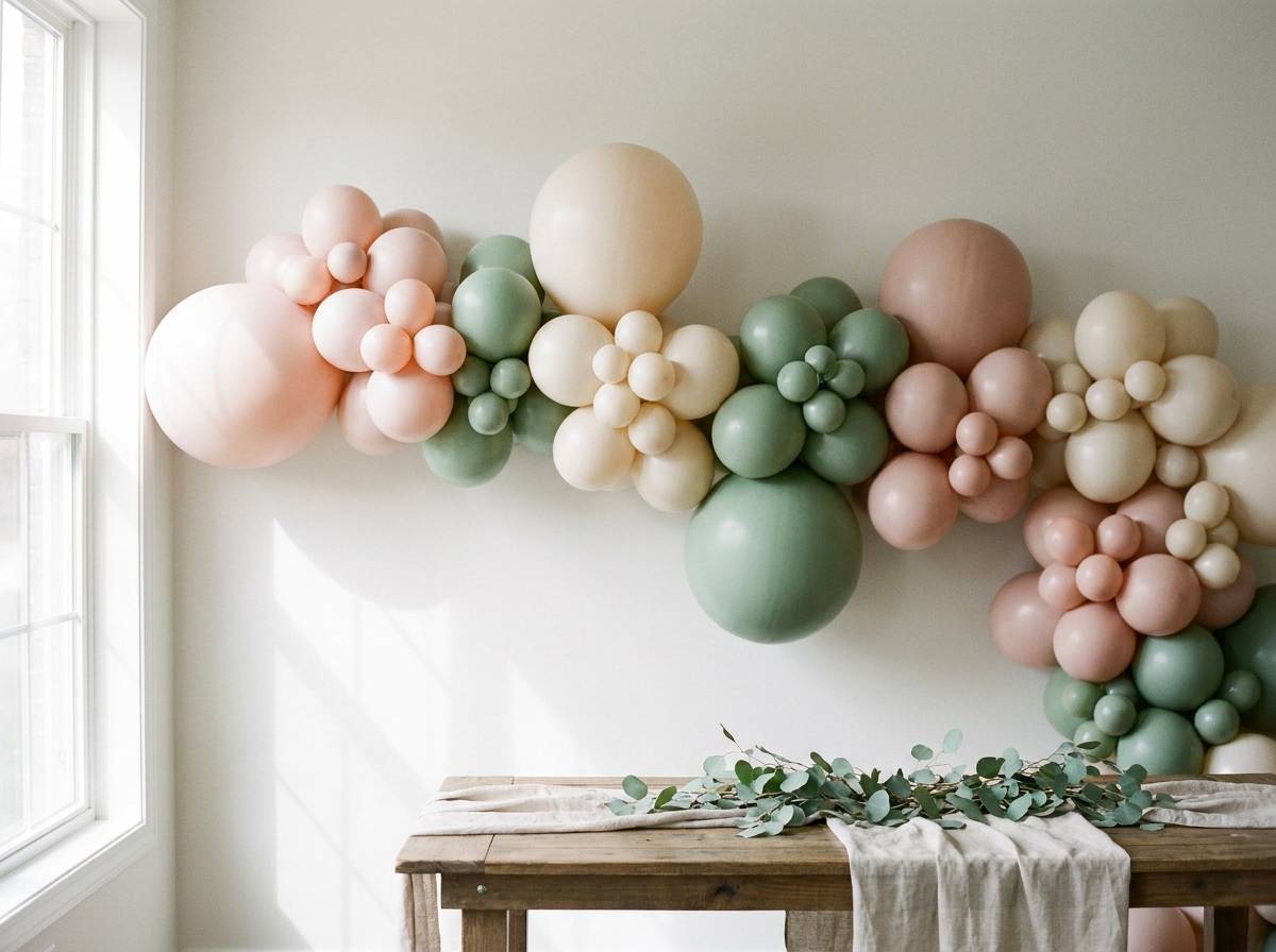 Pastelowa girlanda balonowa na ścianie za stołem głównym baby shower