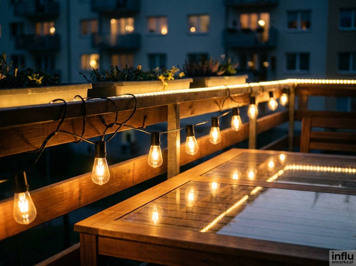 Girlanda żarówek LED oświetlająca taras w bloku wieczorem