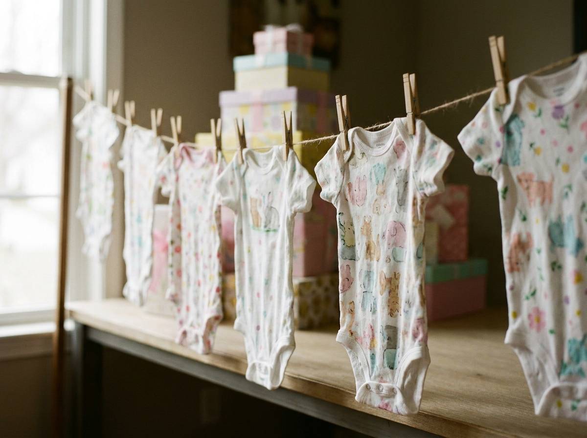 Girlanda z pomalowanych body zawieszona nad stołem z prezentami na baby shower