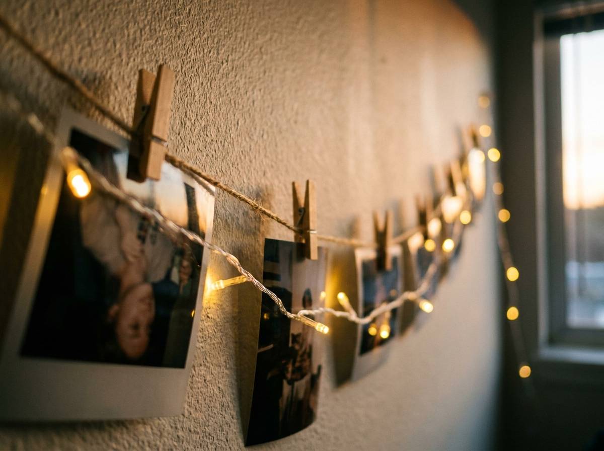 Girlanda ze zdjęciami i lampkami na ścianie baby shower