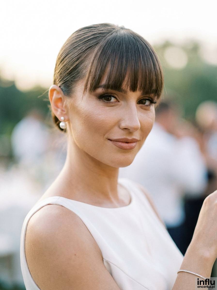 Gładki kok klasyczny z grzywką - elegancka fryzura na wesele