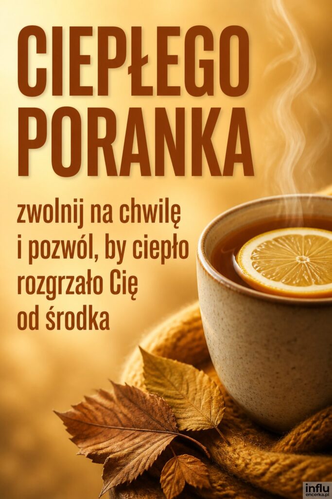Filiżanka parującej herbaty z cytryną i listkami obok z napisem „CIEPŁEGO PORANKA” po lewej.