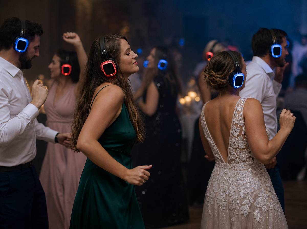 Goście tańczą w podświetlanych słuchawkach silent disco na weselu
