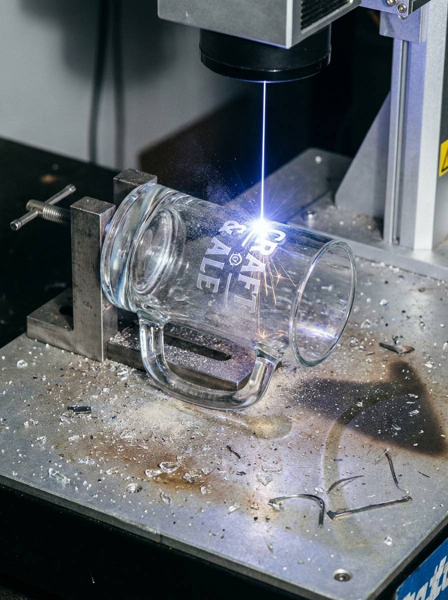 Proces grawerowania laserowego na szklanym kuflu jako personalizacja prezentu dla przyjaciela