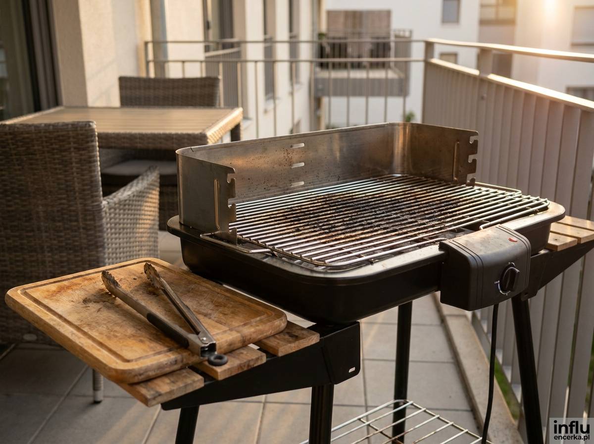 Grill elektryczny w kąciku grillowym na tarasie w bloku