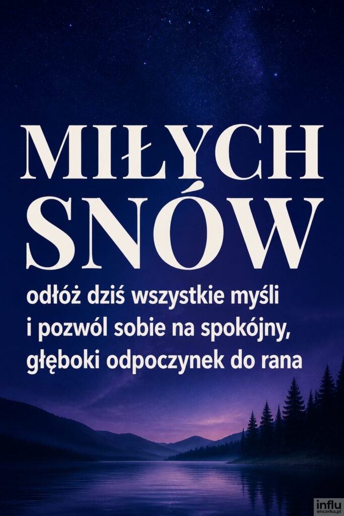 Granatowo fioletowe nocne niebo z bokeh gwiazd i napisem „Miłych snów” w kremowej bieli.