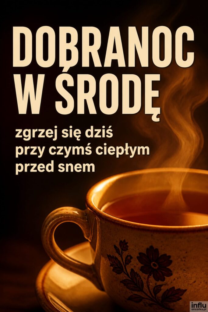 Makro parującej herbaty w ciepłym świetle z nagłówkiem „DOBRANOC W ŚRODĘ”.
