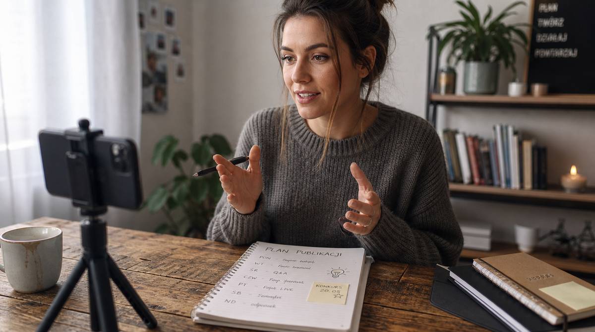 Kobieta nagrywa wideo telefonem na statywie przy biurku - praca influencerki w domowym studiu