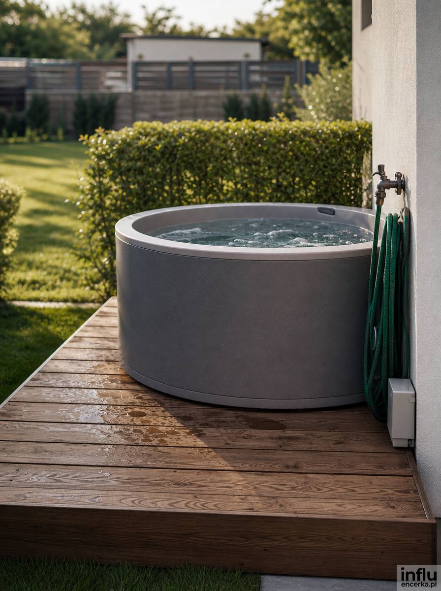 Jacuzzi w ogrodzie blisko kranu ogrodowego i żywopłotu osłaniającego od sąsiadów