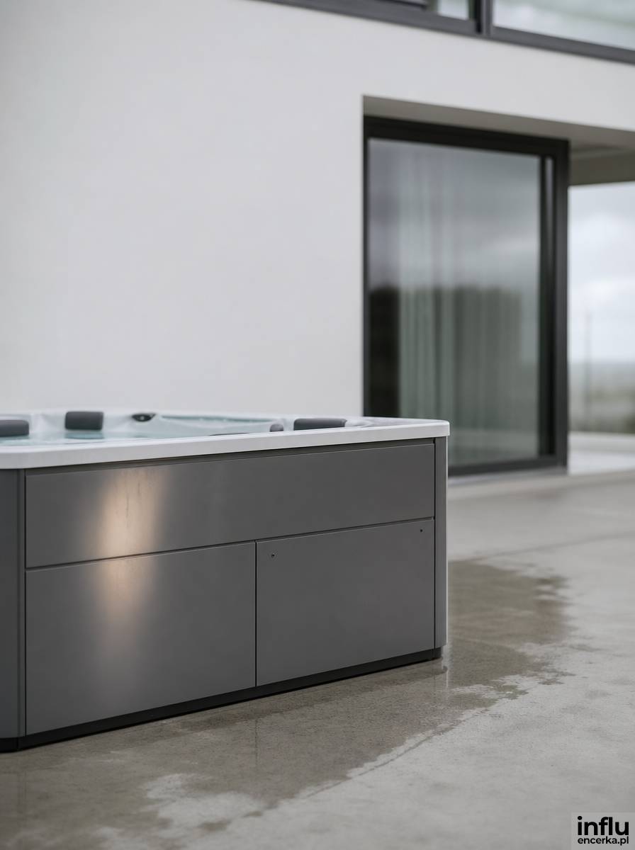 Minimalistyczna jacuzzi w ogrodzie w szarej geometrycznej obudowie bez roślin