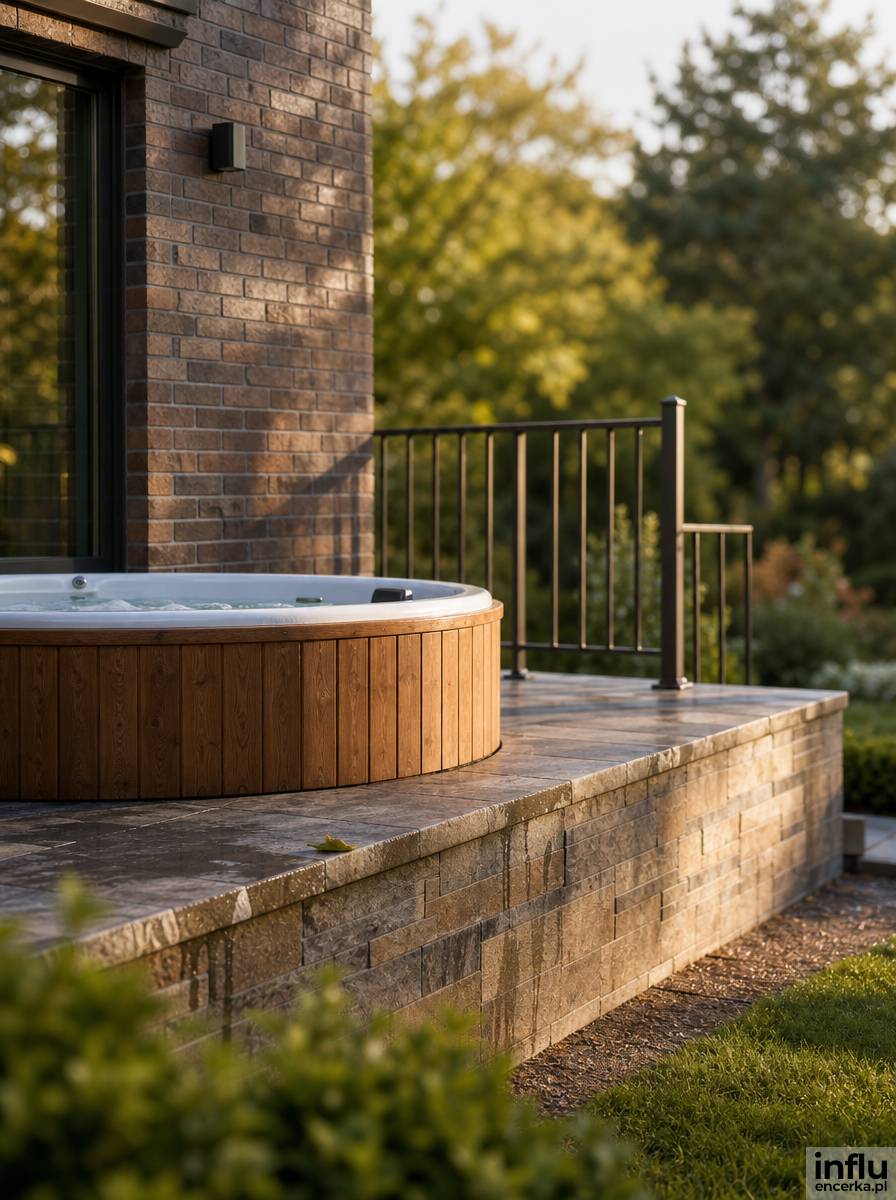 Jacuzzi w ogrodzie ustawione na podniesionym kamiennym tarasie przy domu