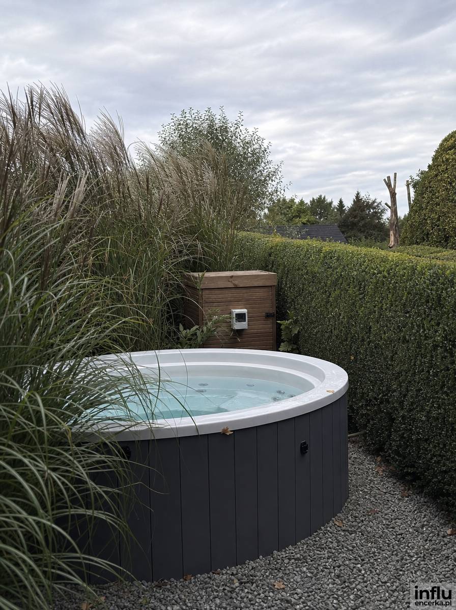 Jacuzzi w ogrodzie otoczona wysokimi trawami ozdobnymi i żywopłotem z bukszpanu