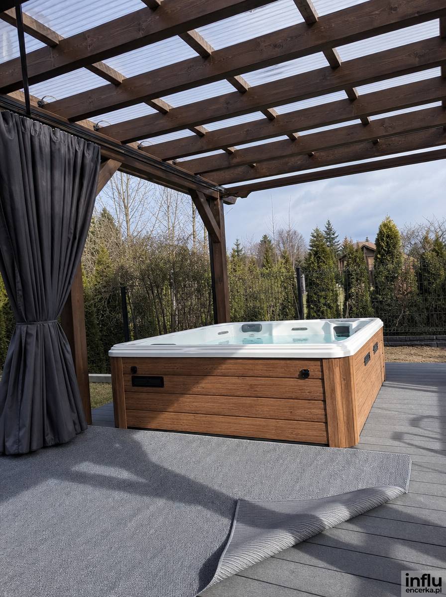 Jacuzzi w ogrodzie pod drewnianą pergolą z zadaszeniem z poliwęglanu