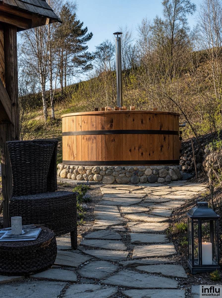 Rustykalna jacuzzi w ogrodzie obudowana drewnem i kamieniem, z lampionem i fotelem z rattanu