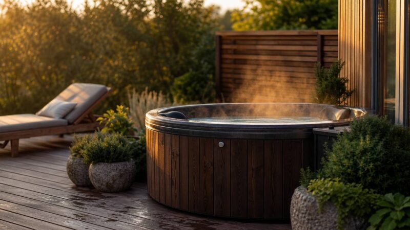 Jacuzzi w ogrodzie na drewnianym tarasie wśród zieleni - inspiracja na aranżację strefy relaksu