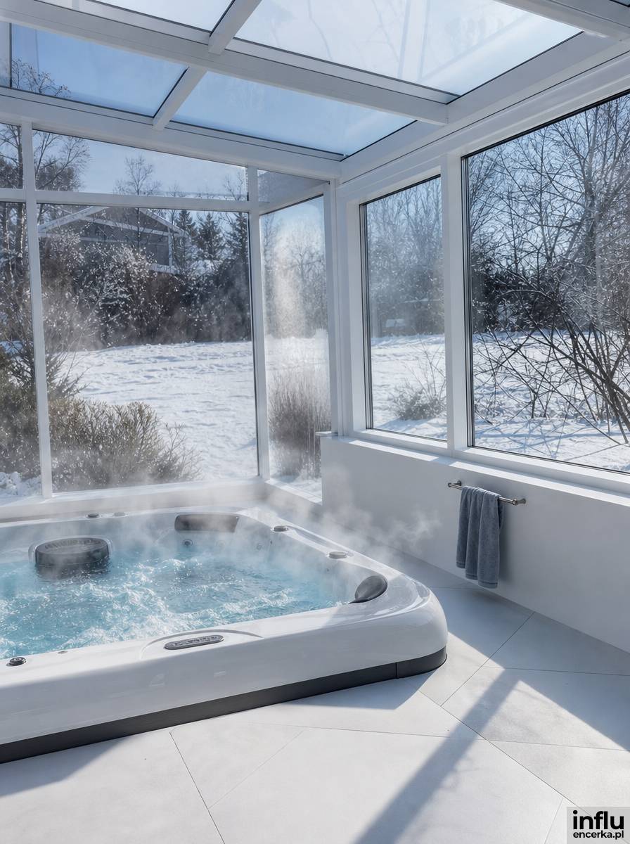 Jacuzzi w ogrodzie zimowym ze szklanymi ścianami i ośnieżonym trawnikiem za szybą