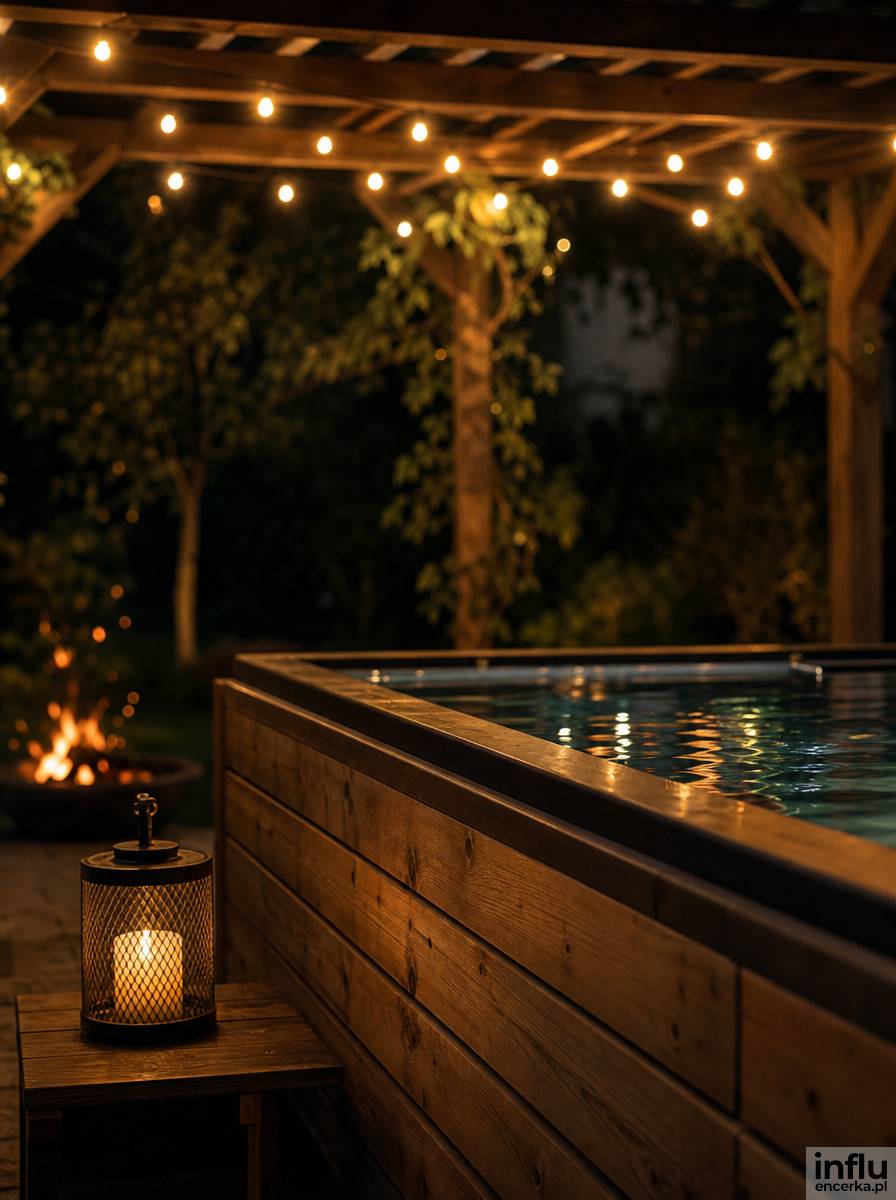 Jacuzzi w ogrodzie wieczorem z girlandami świetlnymi i lampionem na stoliku