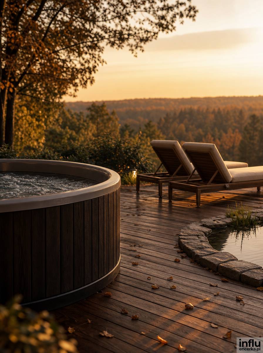 Jacuzzi w ogrodzie z widokiem na las i leżakami zwróconymi w stronę krajobrazu