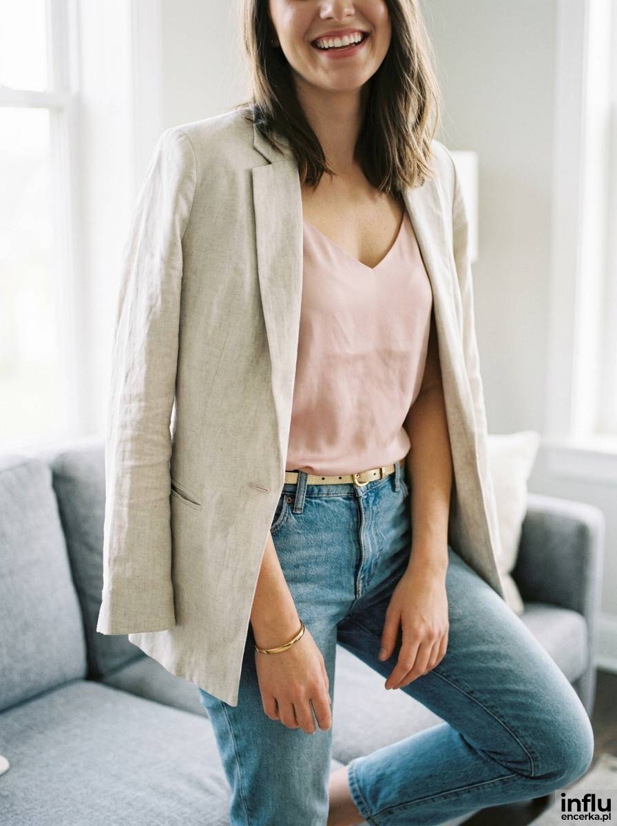 Jeansy z elegancką górą i marynarką na domówkę urodzinową