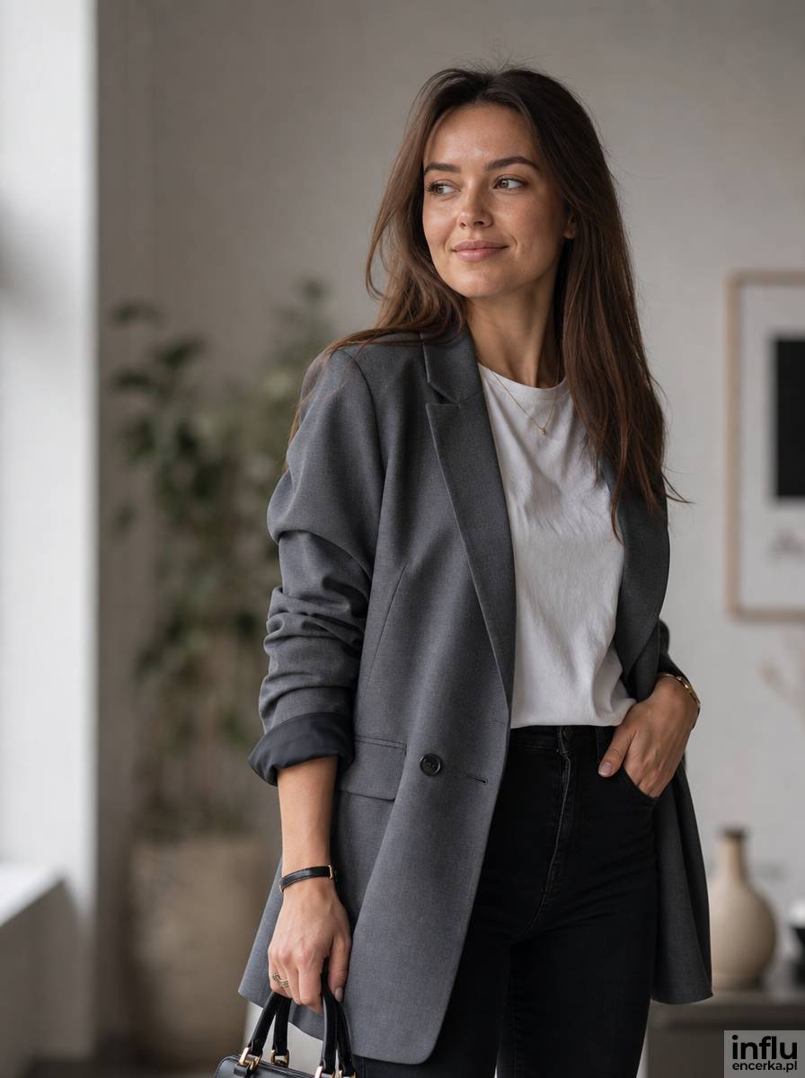 Ciemne jeansy, biały t-shirt i marynarka oversize do pracy