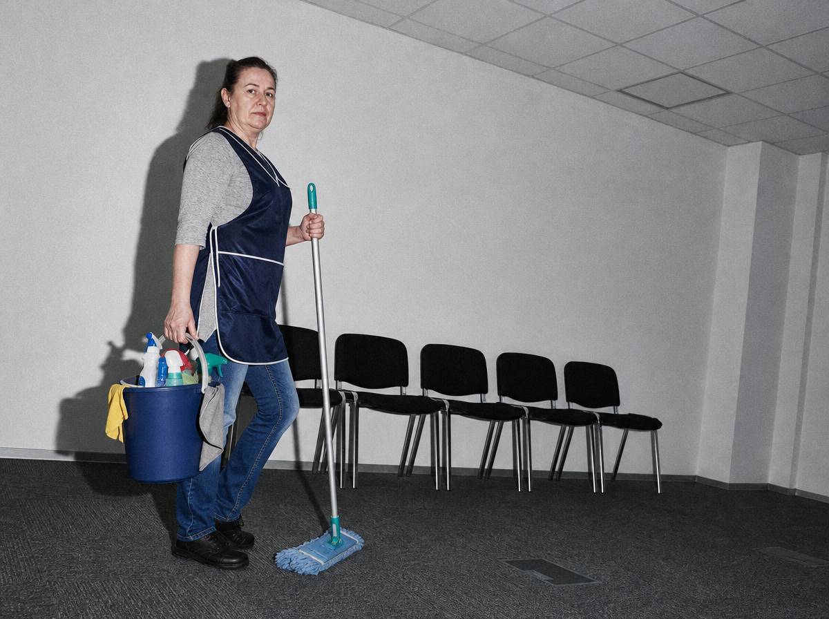Kobieta prowadząca jednoosobową działalność gospodarczą sprząta biuro z wiadrem i mopem