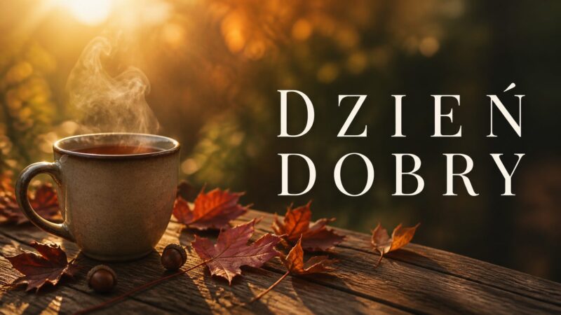 Parujący kubek herbaty wśród jesiennych liści w porannym świetle z napisem „Dzień dobry”.
