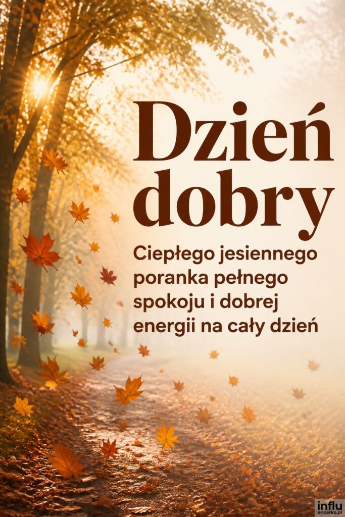 Jesienny park o poranku z wirującymi liśćmi i napisem „Dzień dobry” w ciepłym świetle.